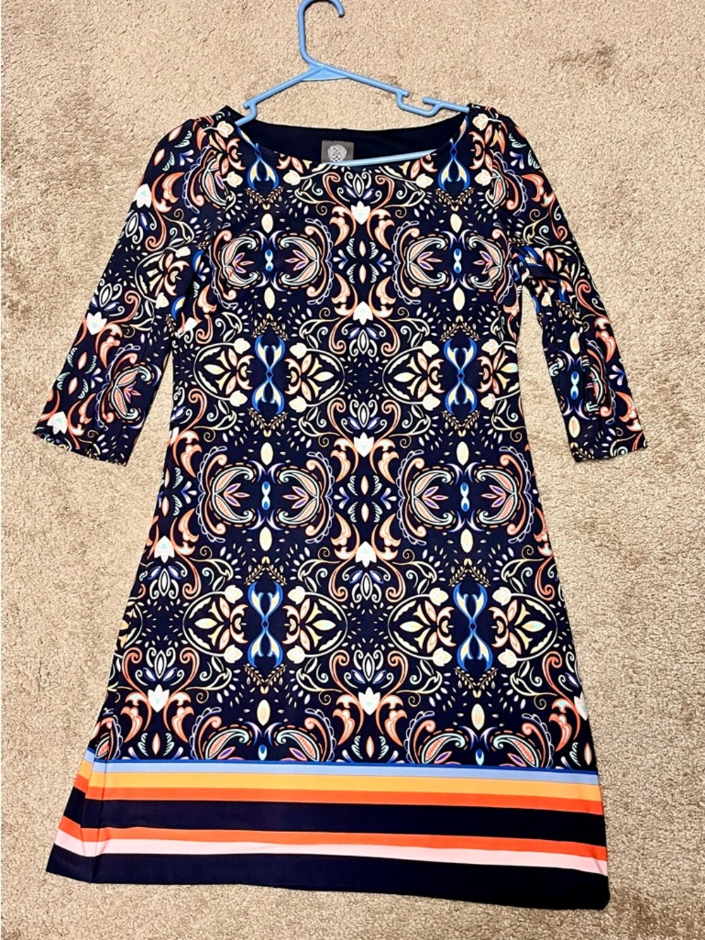 Vince Camuto Navy Patterned Midi Dress with Striped Hem